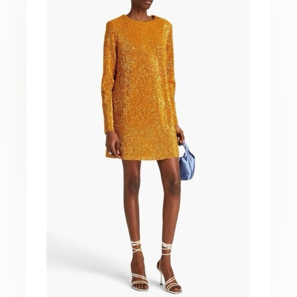 New Stine Goya Odis Mini Shift Dress Gold Sequin Sparkle Long Sleeve Sz S - Picture 4 of 16
